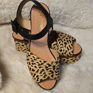 Robert Clergerie APRIL Black and Natural Woven Platform Sandals 39